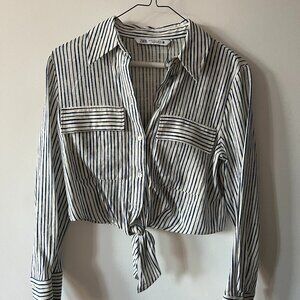 Zara blue and white striped tie waist shirt (XS)